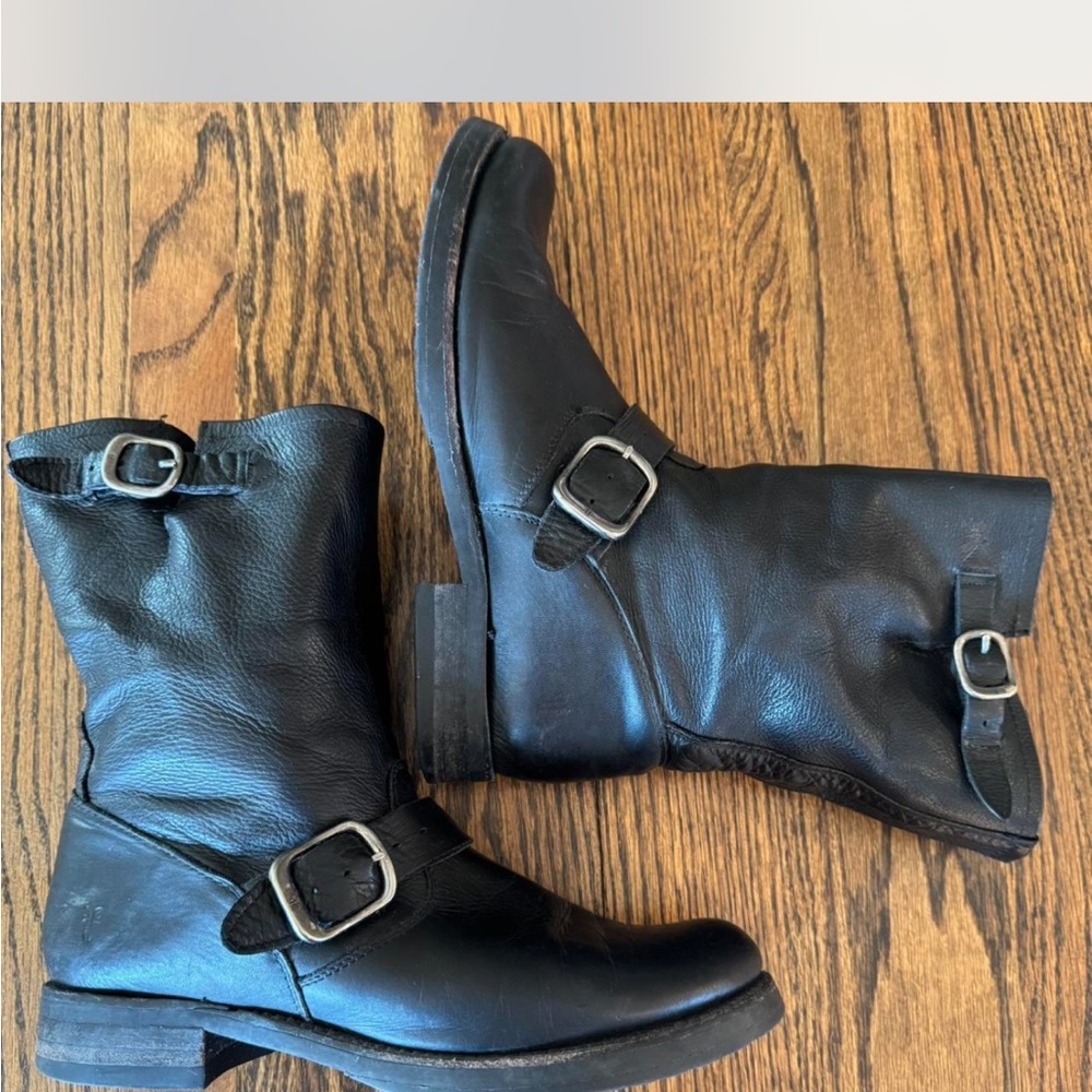 Frye Black Leather moto Buckle Boots Size 8.5, Veronica slouch